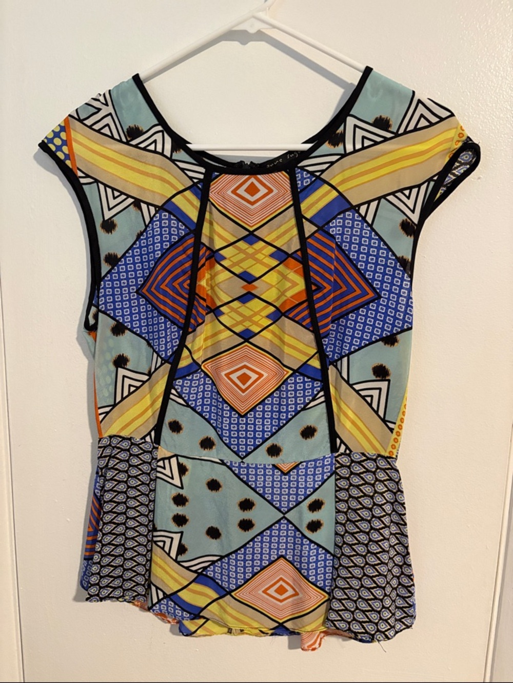 Geometric Print Cap-Sleeve Blouse in Aqua and Blue